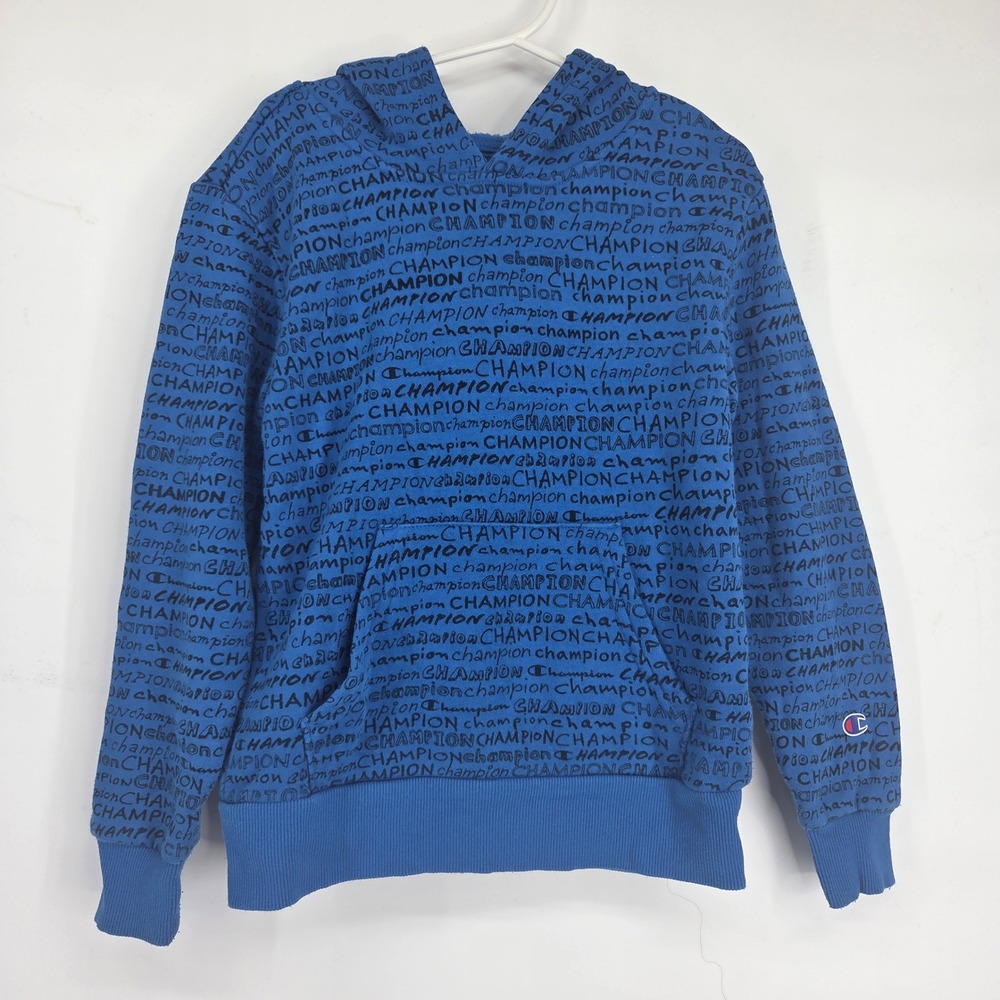 Champion Hoodie Size 6 Blue All Over‎ Script Logo Print Athletic Streetwear Core
